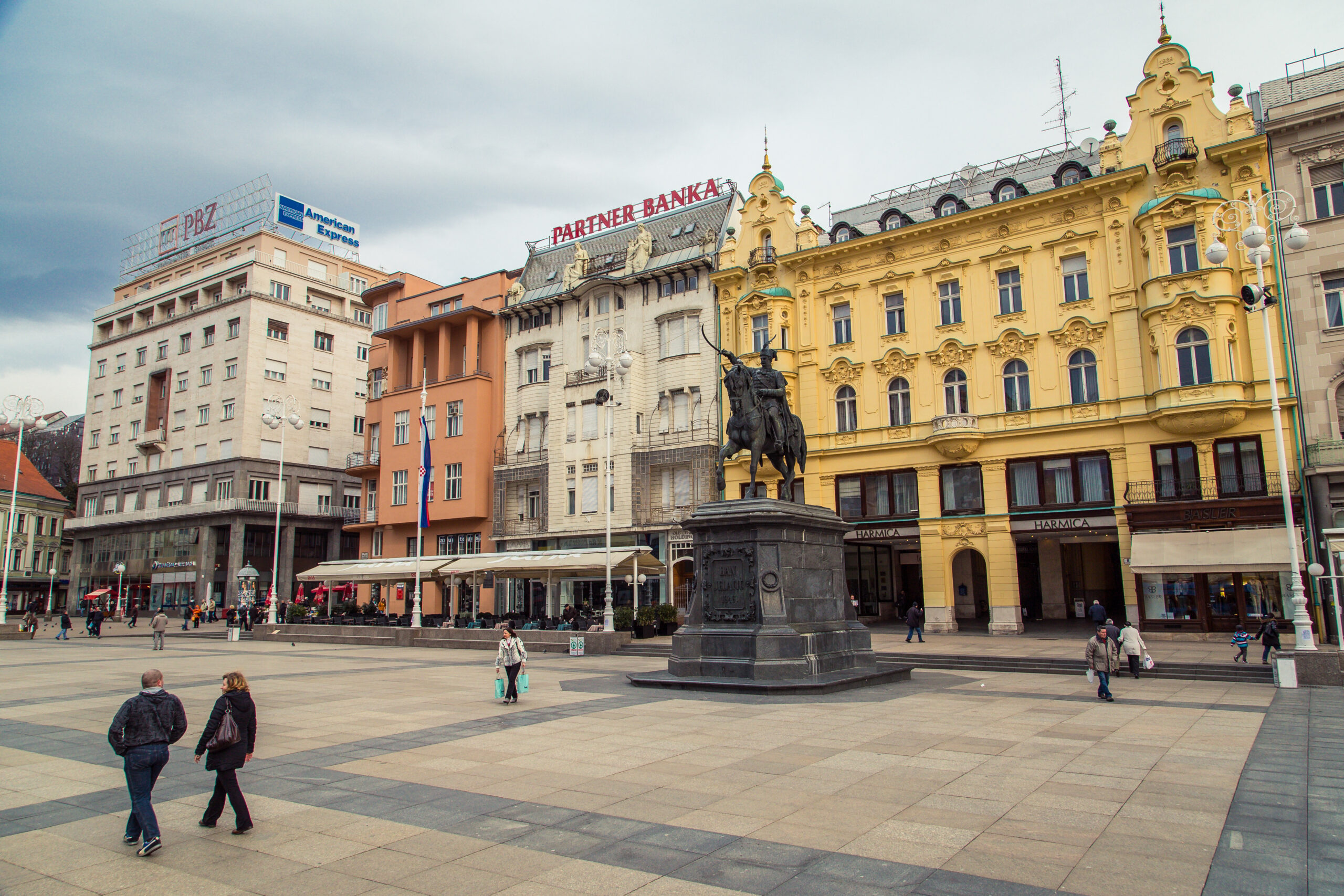 ZAGREB, CROATIA - 12 MARCH 2015: Main square with Ban Jelacic statue.