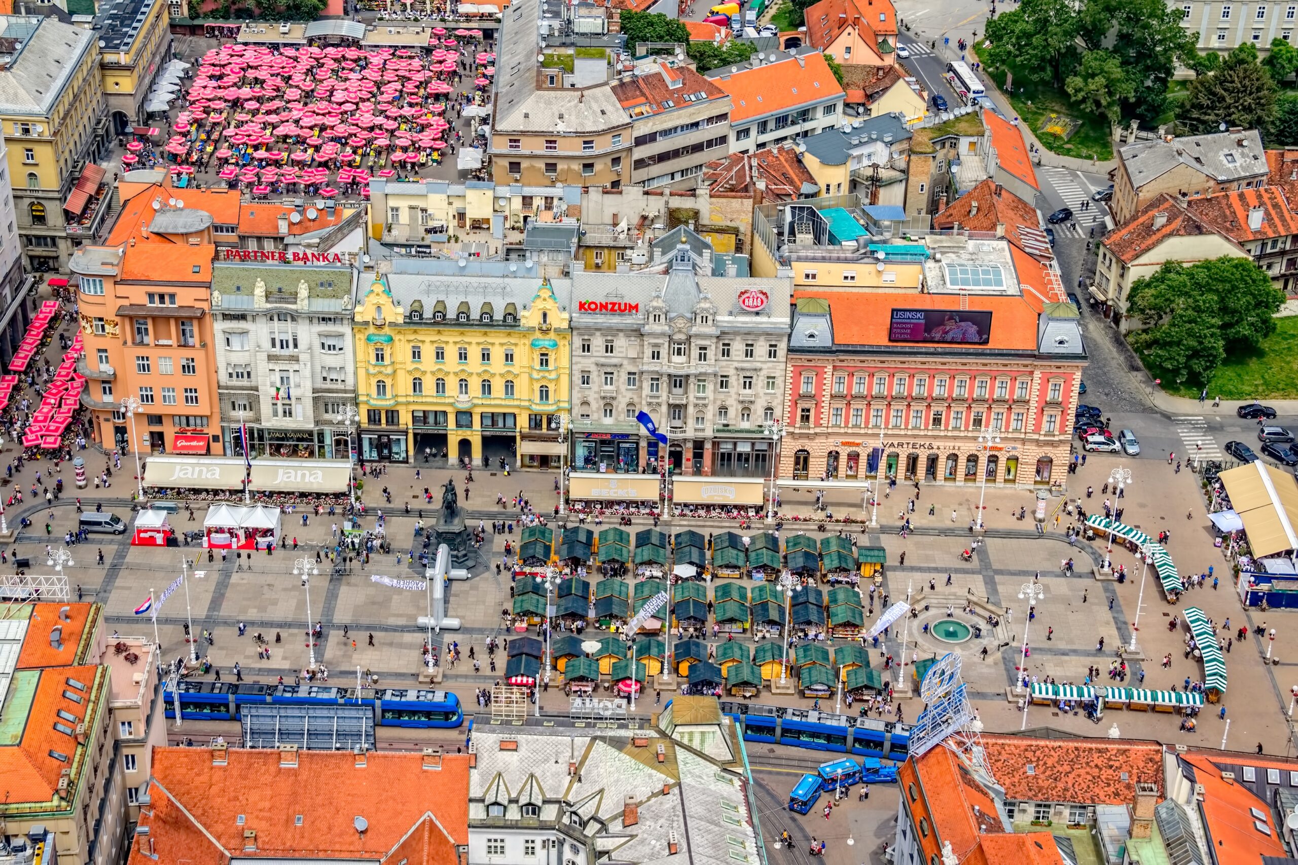 21838462 - zagreb, croatia - may 26: city center view from helicoper with central square ban jelacic on working day on may 26, 2012 zagreb, croatia.